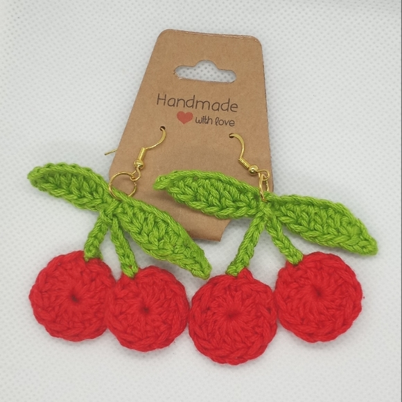 Cherry Red earrings handmade crochet  handcrafted cute gift made by seller - Picture 4 of 7